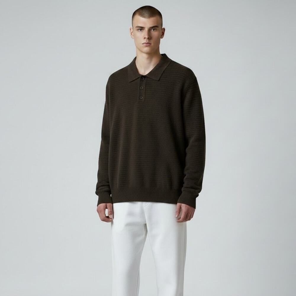 Zara Brushed Textured Polo Shirt Sweater NWT Men's Sz M Brown Long Sleeves